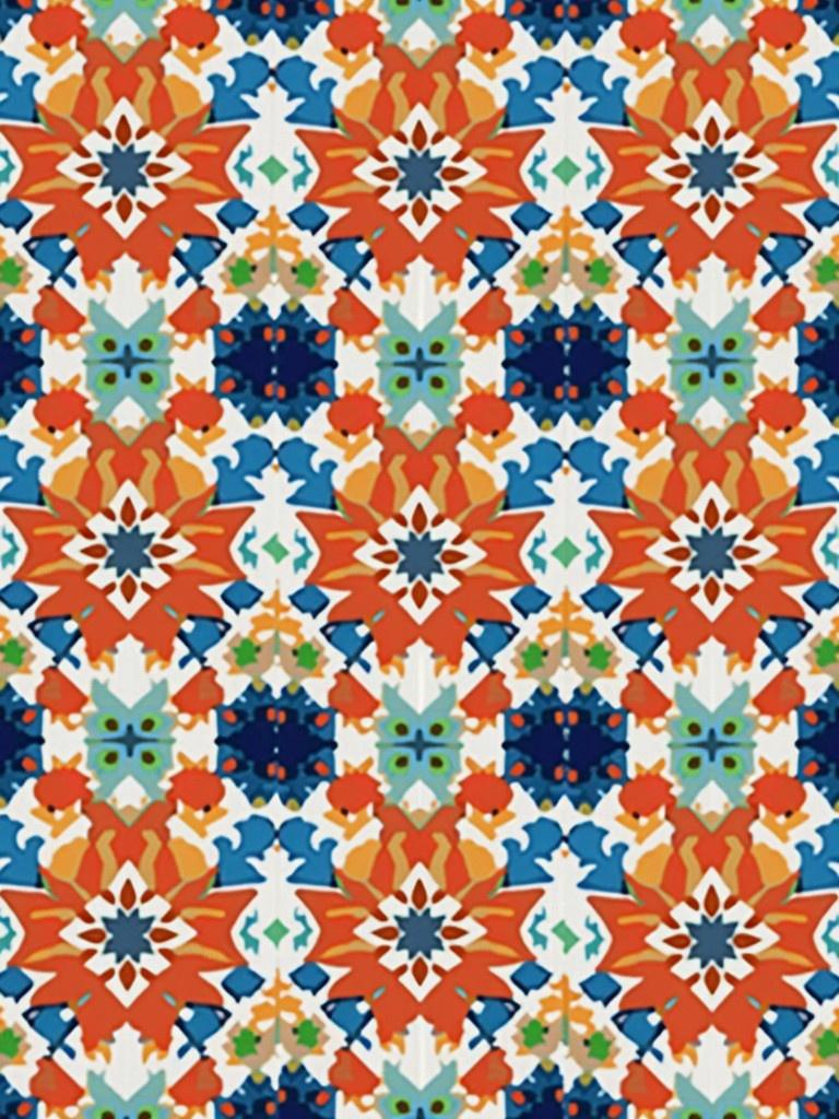 Pattern features colorful geometric shapes. Design includes symmetrical arrangements. Colors are vibrant and diverse. Shapes are abstract and fluid.