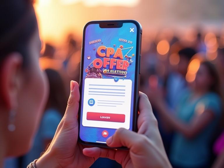 A smartphone is held by a person showing a CPA offer. Engaging icons for likes and shares appear. A colorful crowd is visible in the background.