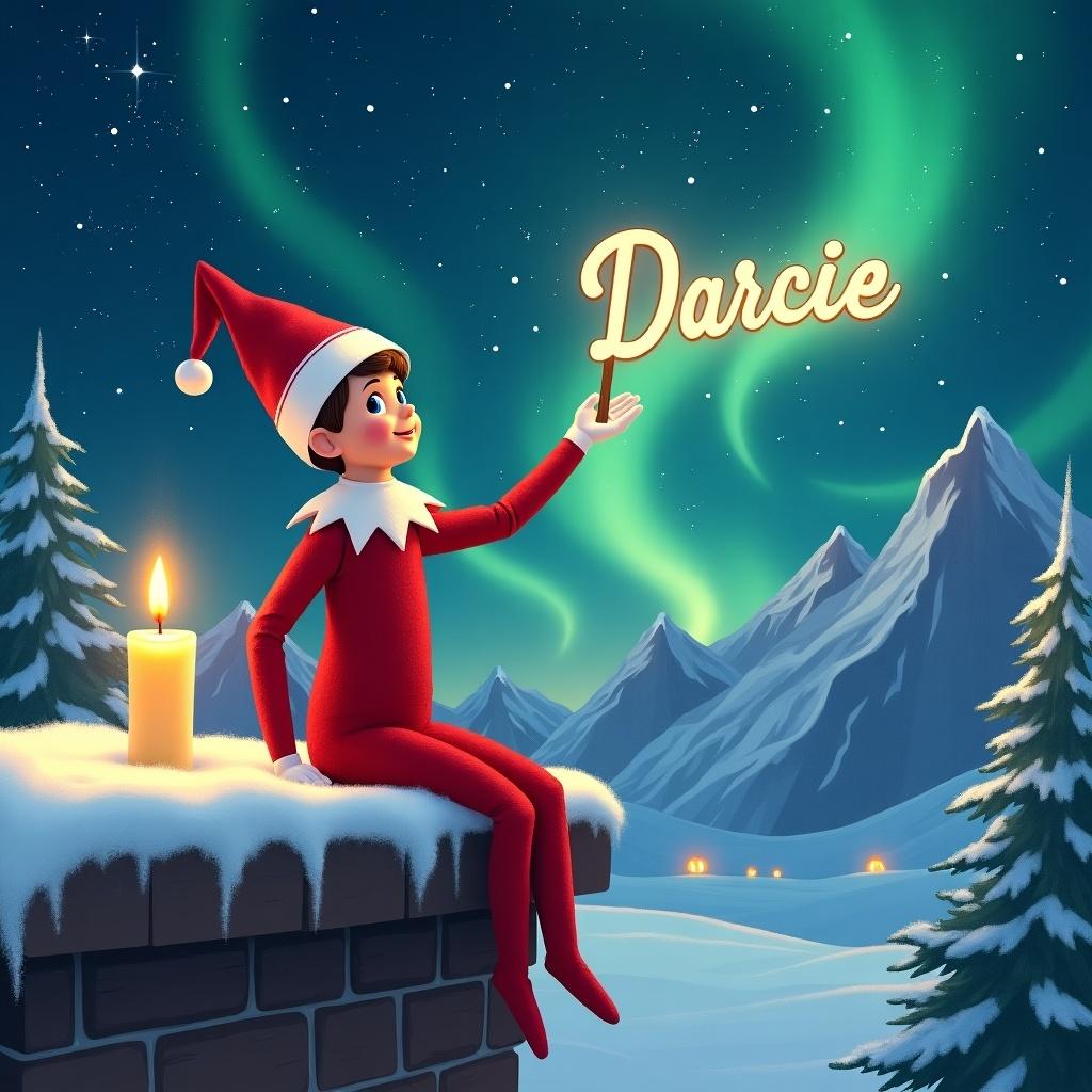 This enchanting image features an Elf on the Shelf, portrayed with a classic red and white outfit. The elf sits on a snowy ledge, gazing upward with a sense of wonder. Using a wand, he writes 'Darcie' in the sky amidst stunning northern lights. The background showcases majestic mountains and a starry night that creates a magical Christmas atmosphere. A soft candle flickers nearby, casting a warm glow that enhances the whimsical scene.