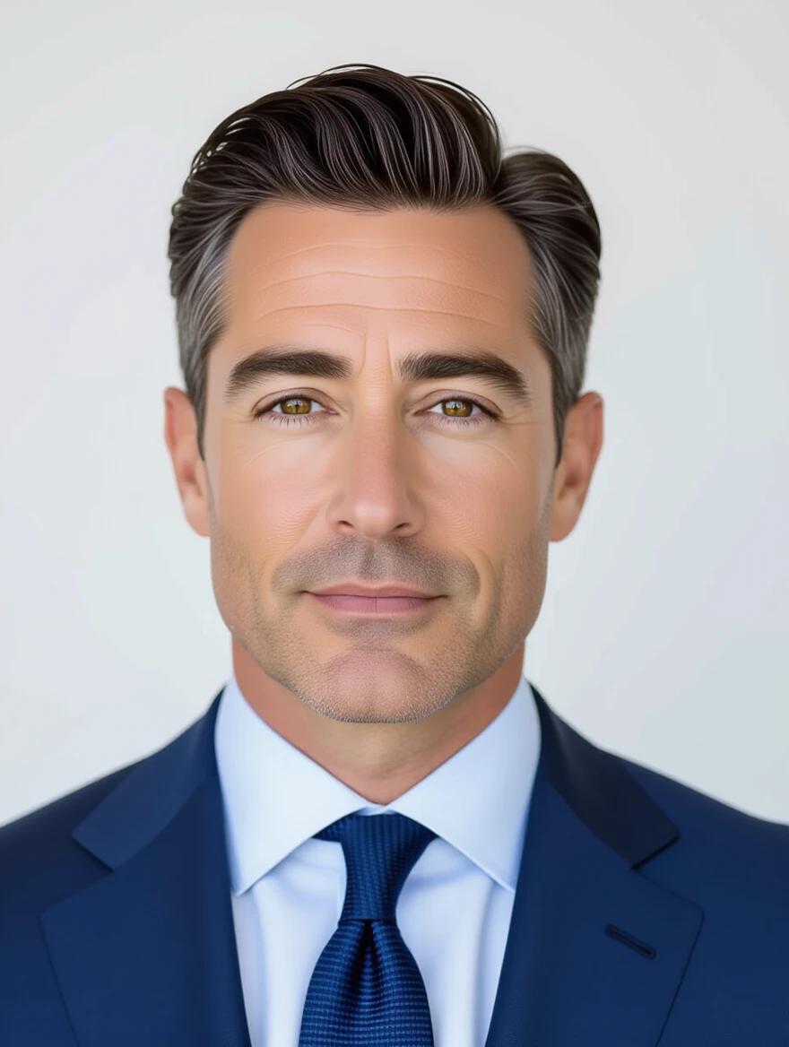 Man wears blue suit. The photograph is taken from a low angle. Background is plain. A formal appearance is highlighted.