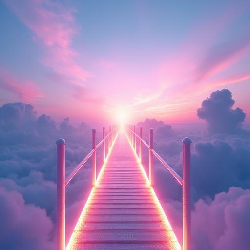 A close up view of a beautiful glowing bridge in rainbow colors leading up to a heavenly glowing pastel pink blue lavender sky filled with clouds.