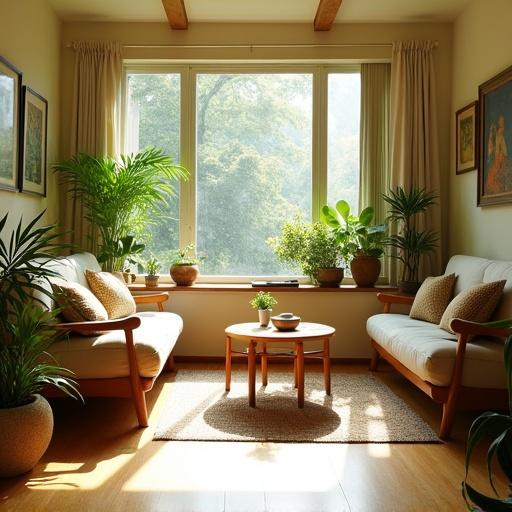 A Feng Shui inspired living room filled with sunlight. Wooden furniture is arranged with soft cushions. Green plants are placed around the room. A small water feature enhances natural elements. Earth tones and metal accents are present. Soft warm lighting creates an inviting atmosphere. The layout is simple and uncluttered. Rounded shapes and clear pathways allow for energy flow. The room radiates life energy promoting comfort.
