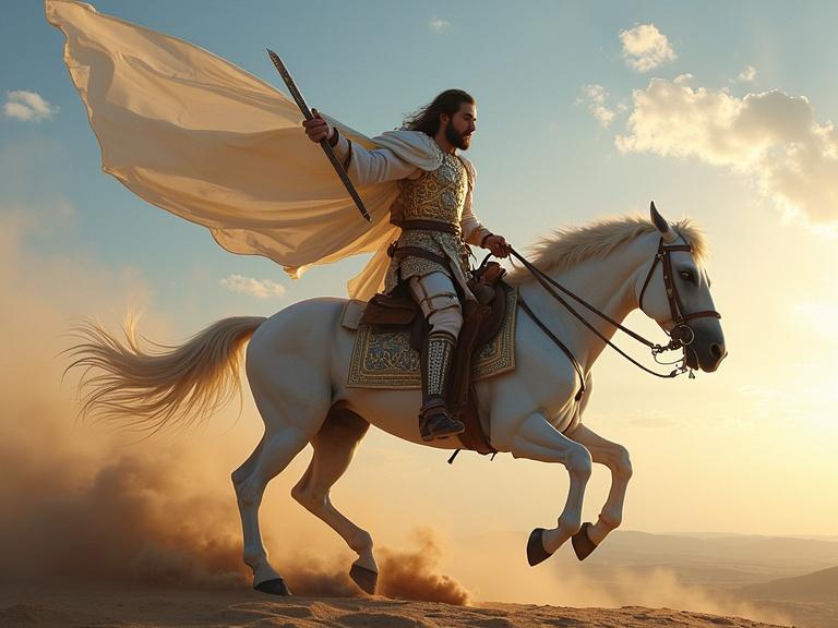 Man riding a white horse wearing armor and holding a spear. Sand and dust around. Dramatic sunset lighting. Heroic and epic scene.