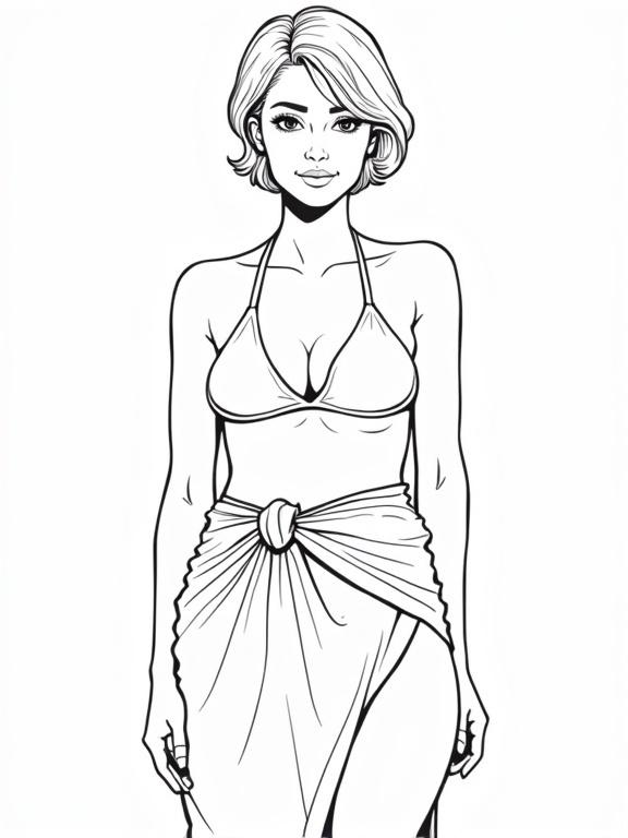 Vector illustration of a mature woman in a bikini with a sarong. The design is in black and white. It features simple outlines and focuses on the body shape without detailed facial features. Short hair is styled elegantly. The composition presents the woman in a confident stance with wide hips.