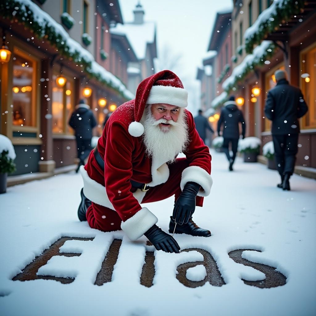 Santa Claus in red and white attire writes the name Elias in snow. Snowy street with charming buildings around. Soft lighting creates a festive atmosphere.