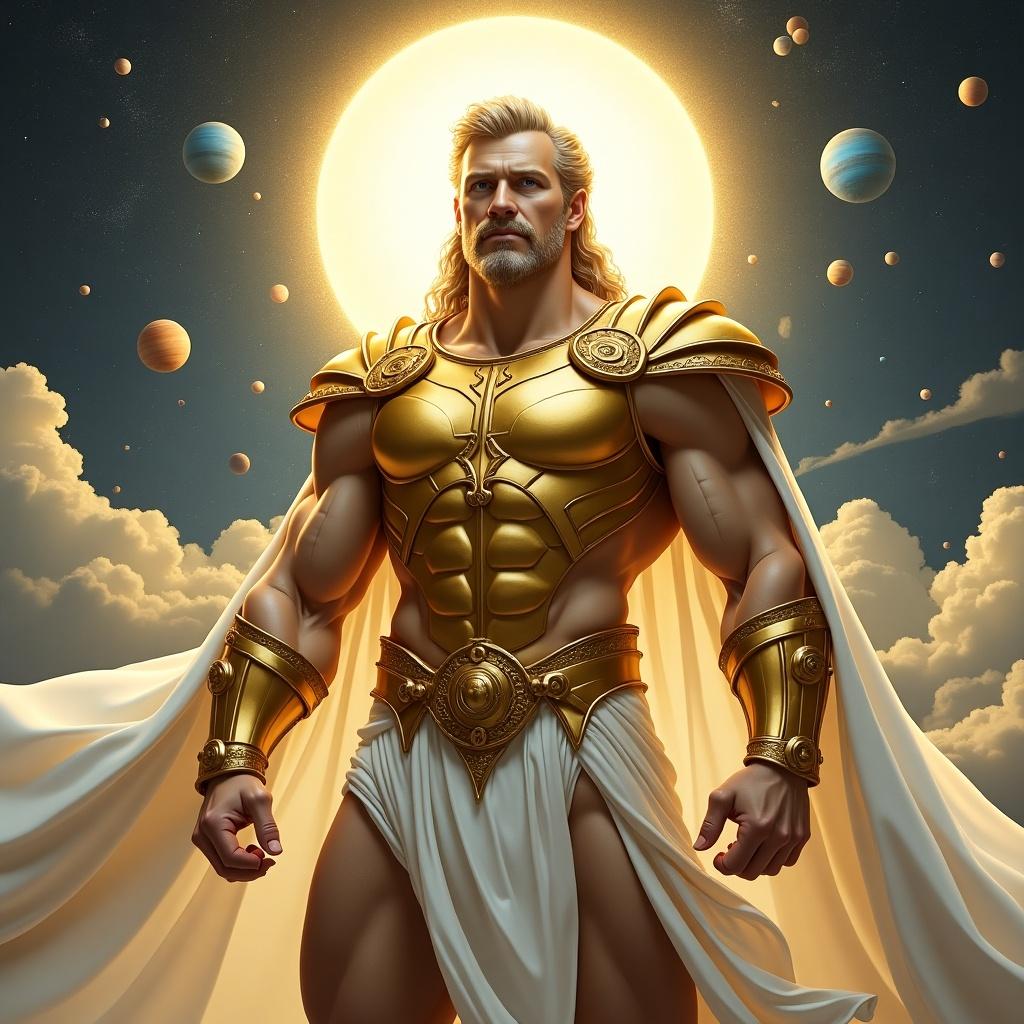 Image shows a strong character named Brian. He wears golden armor that symbolizes Gemini. The character stands heroically with a muscular build. Celestial background filled with planets and clouds appears. A radiant halo surrounds him. Armor is detailed, showing strength and nobility. Flowing white drapery adds elegance. This artwork blends fantasy and mythology.