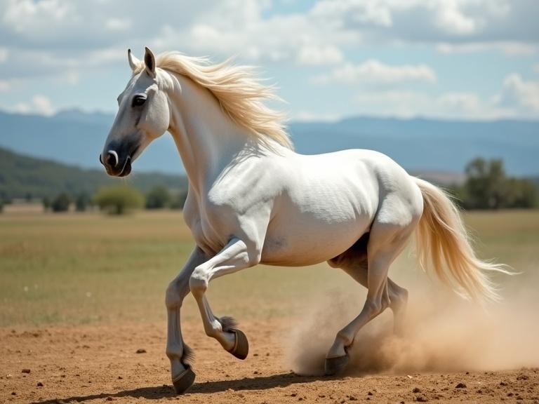 Large white horse galloping across an open field with blue sky in the background