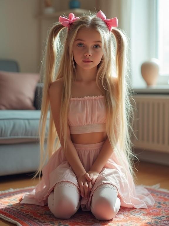 Teen with long blonde hair in twin tails kneeling on a colorful rug in a soft-lit living room. She wears a crop top and pale pink skirt with thigh-high socks and black shoes. Beautiful face visible.