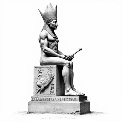 A seated Egyptian pharaoh or deity on a monumental throne. He wears a tall crown possibly the Atef or composite crown on his Nemes headcloth, a false beard, and a loincloth. The torso is muscular and bare. In his right hand, he holds a scepter topped with a cartouche of hieroglyphs. The throne features lavish bas-reliefs including a vulture with spread wings, symbol of Nekhbet or Mout. The base of the throne appears to be made of raw stone. The drawing is highly detailed with strong shading.