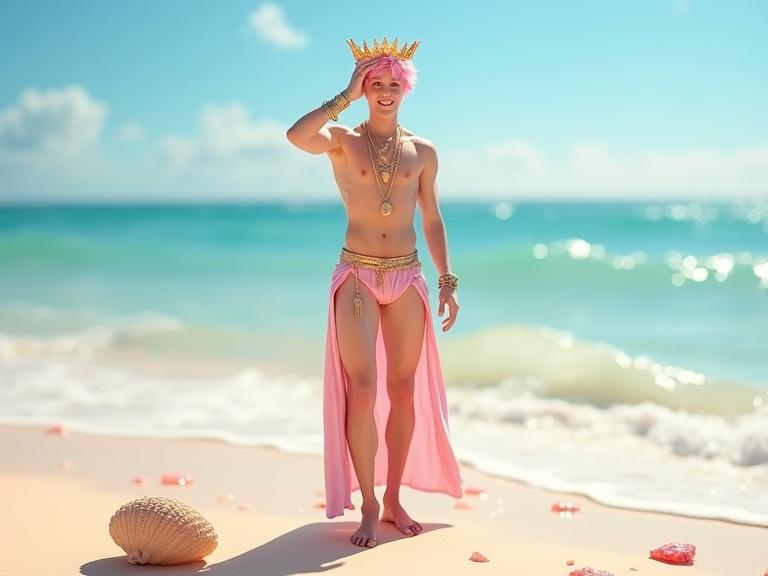 A beautiful elegant male character stands on a sunny beach under a clear sky. Character has short pink hair and bright blue eyes. He wears a golden belt and pink cloth revealing his legs. Character poses gracefully with one hand shielding his eyes. Warm natural light creates an ethereal vibe. In the foreground, seashells and red pink stones are scattered on warm sand.