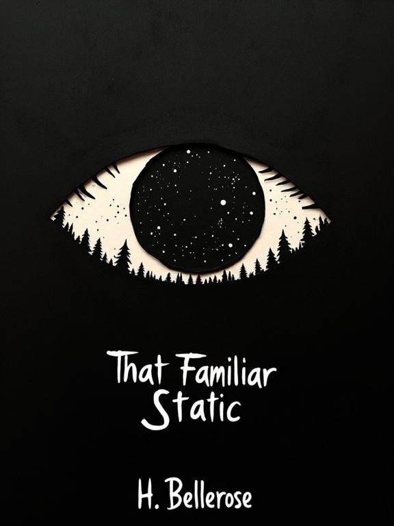 Rough papercut illustration on black background. Giant silhouette eye at the top. Eye filled with cosmic darkness. Title and author's name at the bottom in silhouette shape of a rural town.