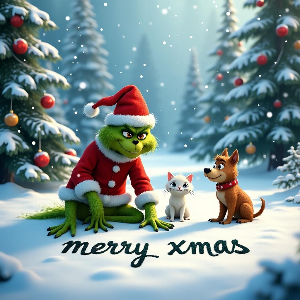 Whimsical winter scene featuring the Grinch in a red Santa outfit with Max and a white cat. Snowy ground adorned with Christmas elements. The Grinch writes "merry xmas" in the snow. Snowflakes falling, capturing Christmas spirit.