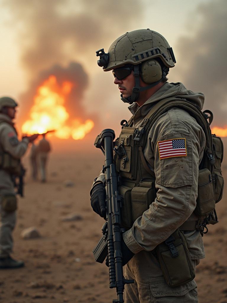 American soldier stands in a war zone. Other soldiers in the background engage in action. Explosions create a dramatic effect.