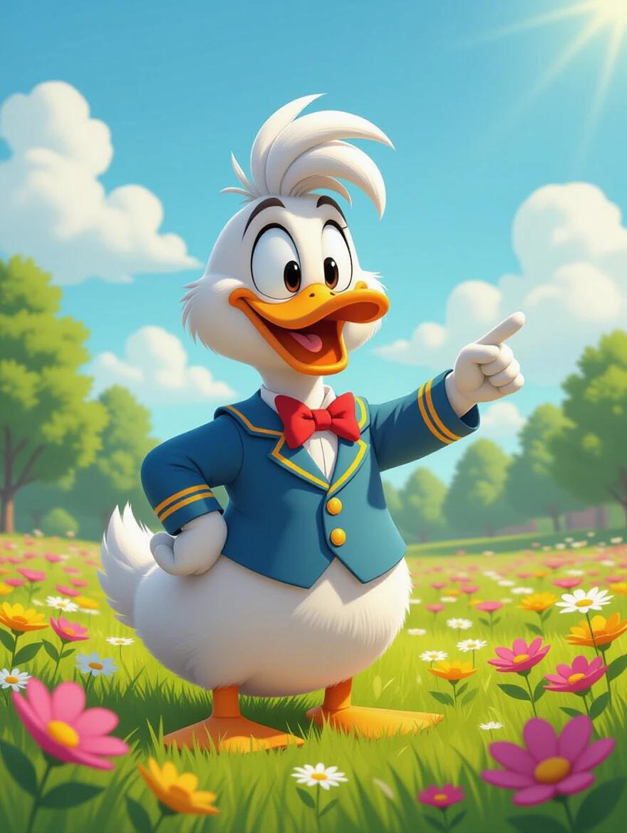 Donald Duck in Pixar style with a cheerful expression. Character pointing with a wing. Background park features colorful flowers. Clear sky above.
