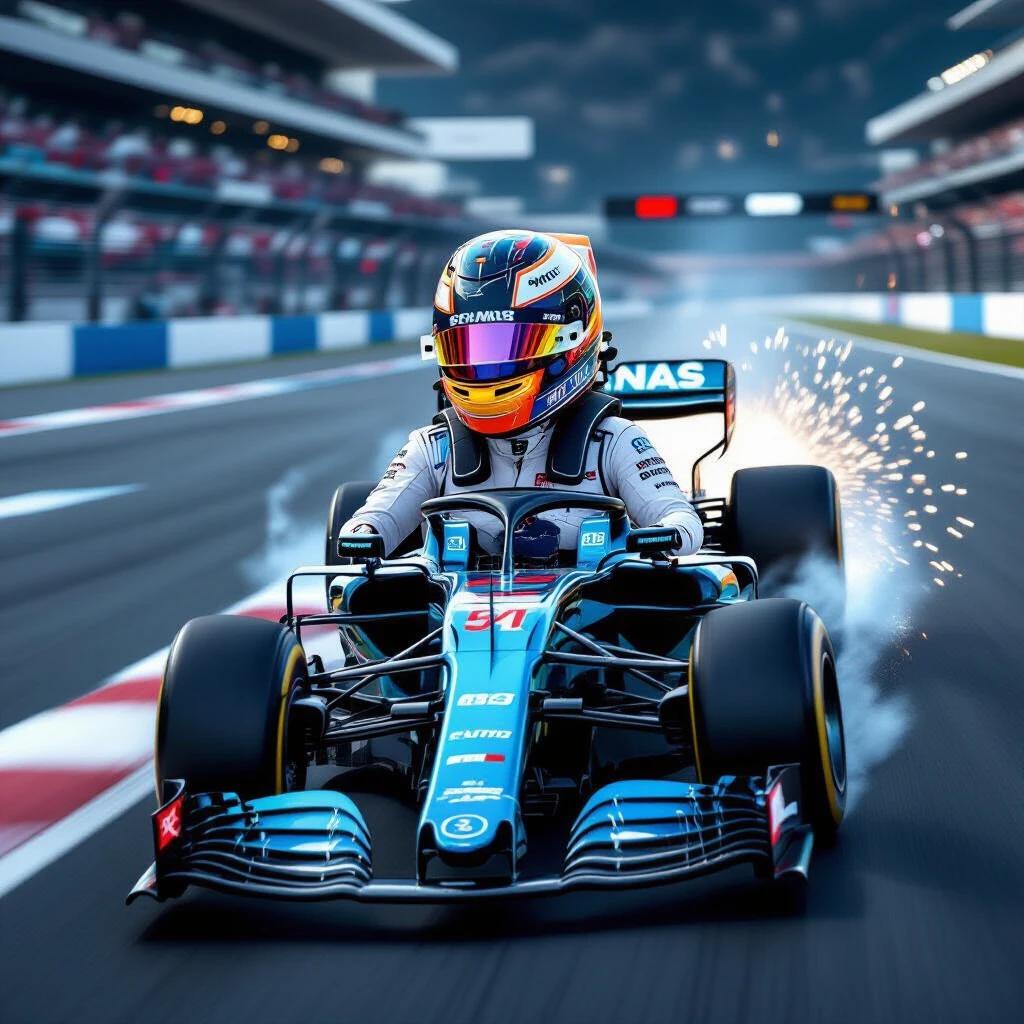 Female Formula 1 driver in advanced race car. Sleek helmet with mirrored visor. Next-generation Formula 1 design. Ultra-aerodynamic body. Nano-carbon composite materials. Seamless panels and fins. Enclosed wheels and LED indicators. Glowing brake rotors. Active airflow channels. Low-profile cockpit with HUD. Captured in motion on futuristic track. Tires smoking and sparks flying. Intense motion blur and sunset lighting. Hyper-realistic rendering.