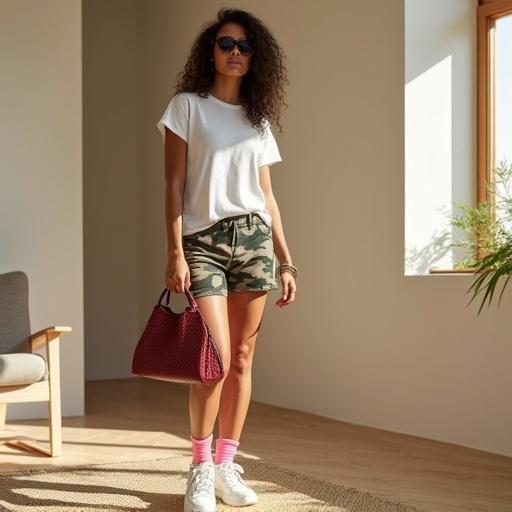 Woman standing in a bright interior space. She wears a white T-shirt and camouflage spandex shorts. Bright pink trimmed socks are paired with thick-soled white shoes. She carries a woven leather hobo bag. The setting features a natural fiber rug and large windows. The atmosphere is relaxed and stylish.