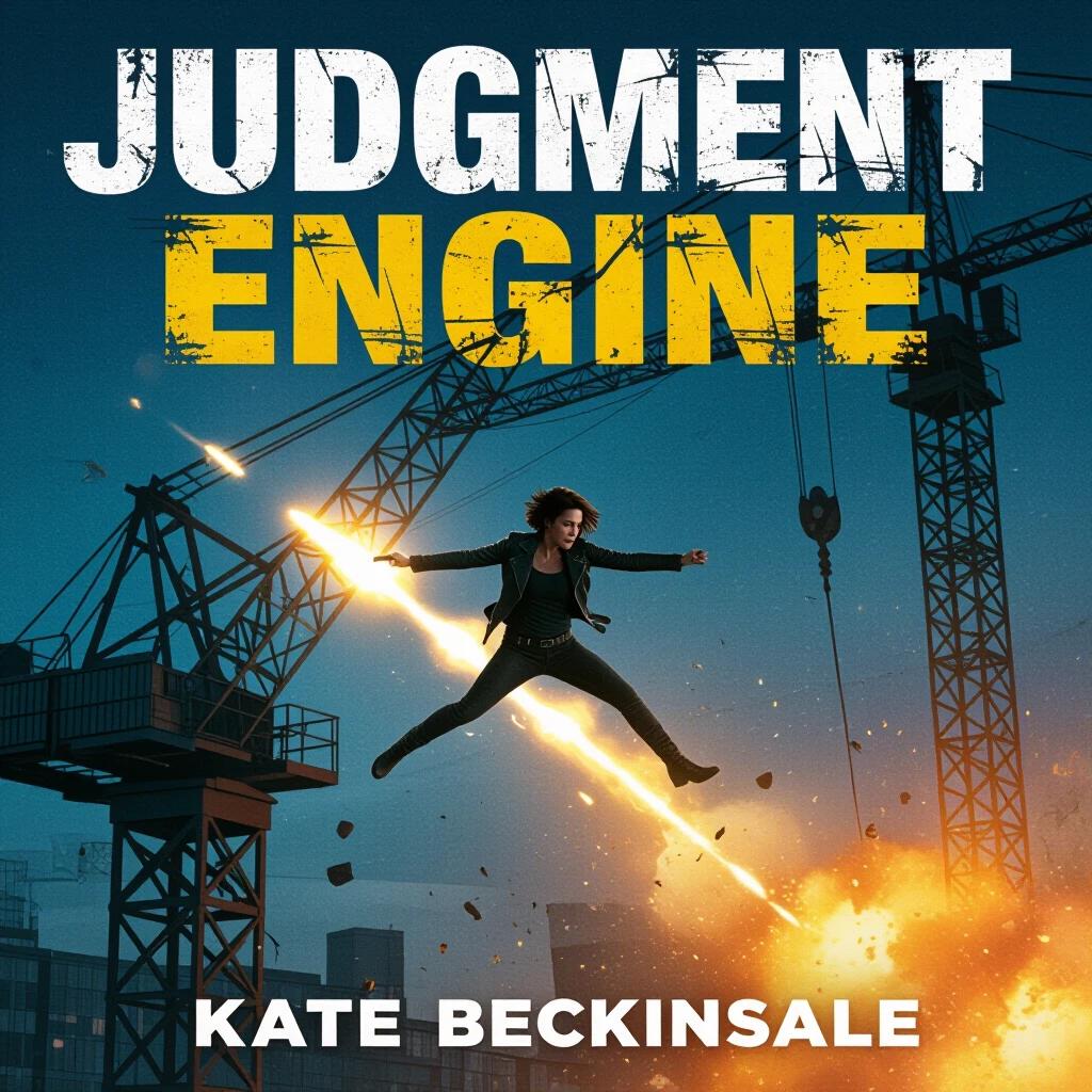 Movie title Judgment Engine in distressed typewriter font. Action scene in an industrial setting. Kate Beckinsale jumps from a crumbling crane with explosion trailing behind. Dramatic yellow light from below enhances scene.
