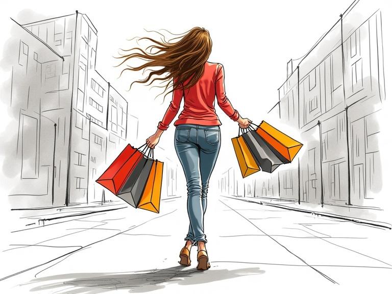 Woman walking with shopping bags in a windy city street. Commercial sketch style. Fast advertising layout with ink and highlighter. Lively and energetic mood with dynamic movement elements.