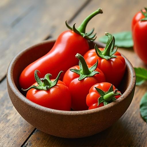 A bowl filled with red ripe tomatoes on a wooden table. Some tomatoes are larger while others are smaller. Green leaves are nearby, indicating freshness.