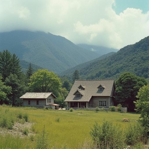 Rural landscape featuring a traditional house in a countryside setting from the 1950s. Lush green fields surround the home with mountains in the background and a clear sky above.