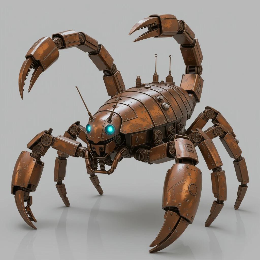 Large mechanical scorpion in realistic 3D style. Blends dieselpunk, steampunk, and modern design. Has six rear legs with bronze and steel plating. Features exposed gears and pistons. Face is intimidating with glowing blue eyes. Antennae with sensors and moving parts. Steam vents and copper tubes included. Stands on desert terrain with dust. Raised stinger tail and articulated claws. Mood lighting highlights textures.
