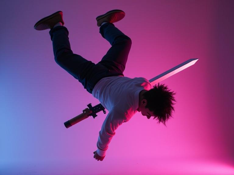 Roblox character performs a backflip holding a sword. Neon colored background enhances the action. Legs are up while the head is down during the flip. The image captures the energy and style of gaming movements.