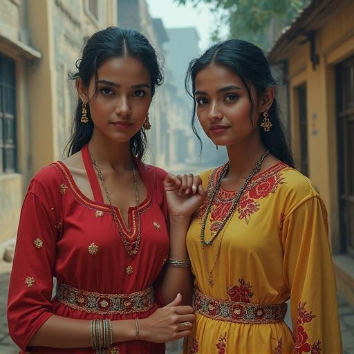 Two young women stand together in colorful traditional dresses. One wears red and the other yellow. Both have long hair and are adorned with jewelry. The background features historic buildings, creating a warm, inviting atmosphere.