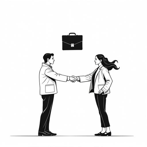 Monochrome vector art depicts two people shaking hands. A briefcase levitates above them. The design reflects Memphis startup style. Smooth shapes and loose clothing are featured. Proportions are exaggerated for a modern look.