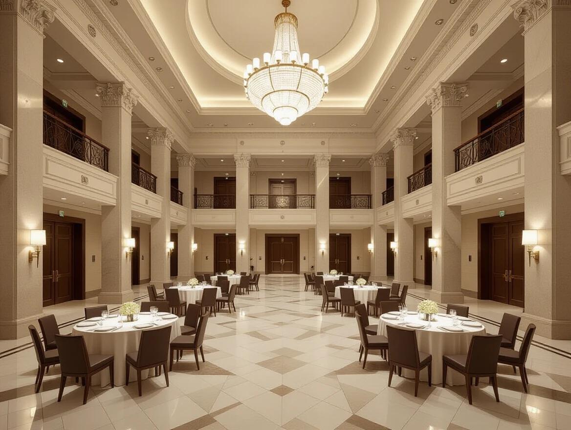 Luxurious spacious multipurpose hall with high ceiling and ambient lighting. Marble flooring with five round tables and neatly arranged chairs. No clutter and wide spacing between tables. Refined interior design and clean environment. Realistic soft shadows with wide-angle view.