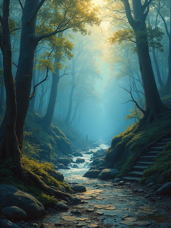 A forest path meanders around rocks and trees. It leads to a woman in a stream. Mist surrounds the trees. Evening light creates a tranquil atmosphere. The scene feels serene yet slightly dangerous. Oil painting style.