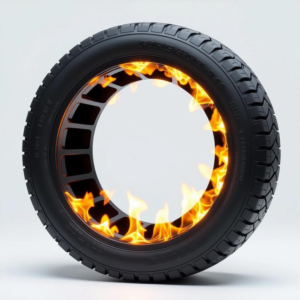 A race car tire with slits from inner ring to outer ring. The inside of the tire is filled with fire from top to bottom visible through slits.