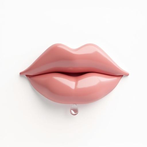 3D lip representation with glossy finish slightly off-center to the left. Shimmering clear droplet indicating augmentation process positioned on the right. Tiny smile or heart icon in the upper right corner. Contrasting white background for emphasis.