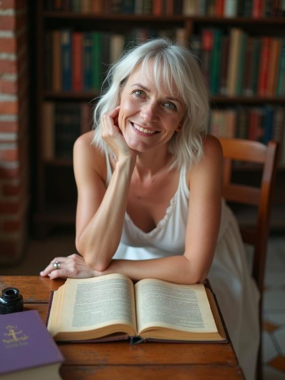 Photograph of a woman with white hair and green eyes sitting in a library. She wears a sleeveless white dress and is barefoot. Arms folded leaning head on knees smiling slightly. Camera angle slightly above eye level capturing her from the front. Background has a brick wall with shelves of books. An open book with yellowed pages on a wooden table with a black inkwell and quill. A purple book with a gold emblem on the floor. Tiled floor of white and orange. Soft natural lighting from the left side creating gentle shadows. Composition follows the rule of thirds. Depth of field moderate, maintaining focus on the woman and table.