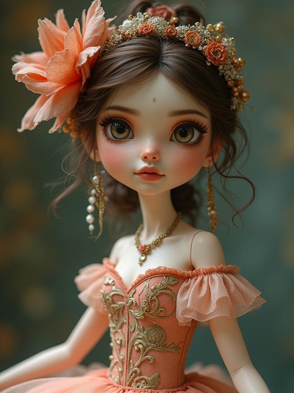 Portrait of prima ballerina in bohemian glamour style with floral adornments and intricate details