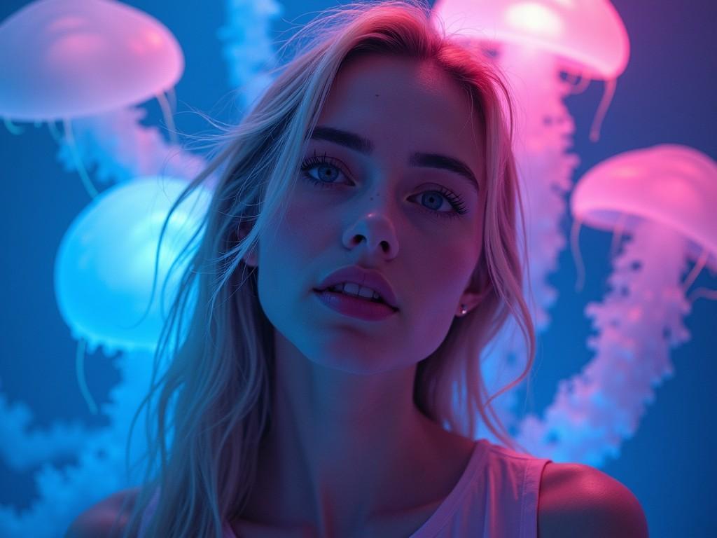 a woman surrounded by jellyfish in neon lighting