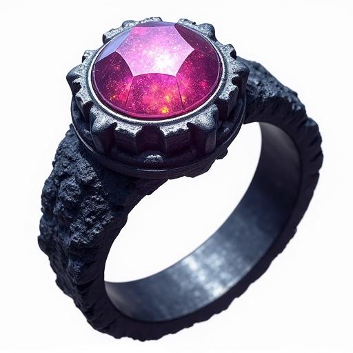 Ring designed with meteoritic metal band and glowing starmatter gem in the center. Suitable for ARPG games as an asset or icon. Transparent background to emphasize the ring.