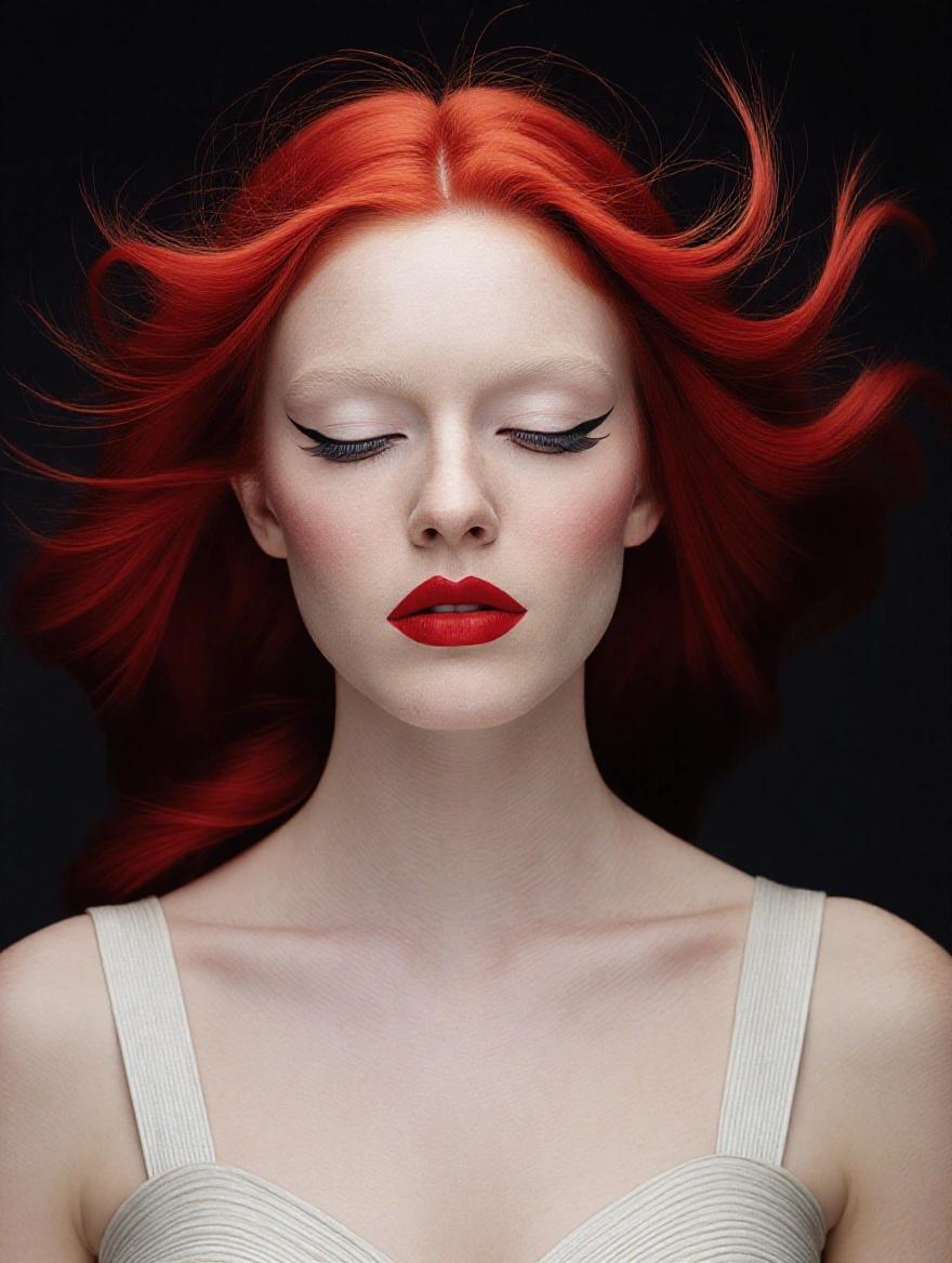 Highly detailed photograph of a woman with red hair and makeup. Close-up of head and shoulders against a dark background. Hair flows outward as if blown by wind. Eyes closed with serene expression and slight smile. Pale skin enhances contrast. Bold makeup with red eyeshadow and matching lips. Small earrings. Dark textured background with red paint splatters. Stylized and abstract focus on colors and textures.