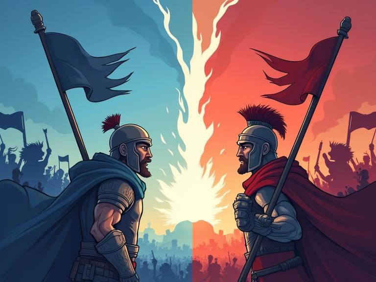 Graphic in a realistic cartoon style with symmetrical design. Two warriors stand opposed, each holding a banner. One warrior has a blue theme and the other red. Both are scowling, showing rivalry and impending conflict. Background features a stylized crowd and flames.