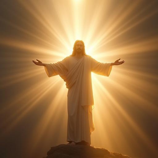 Image of Jesus Christ surrounded by radiant light. Arms outstretched creating a divine atmosphere. Soft lighting that evokes feeling of peace and spirituality.