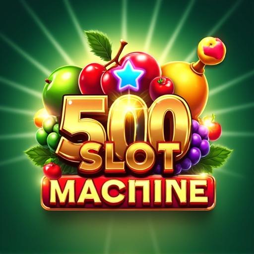 Digital art design featuring '500 Slot Machine' text with vibrant fruit icons. Shiny gold apple and blue star included. Bright neon lights and gradient green background enhance excitement. Playful design with bold fonts and glossy texture. Focus on jackpot theme. Inviting composition highlighting luck and fortune.
