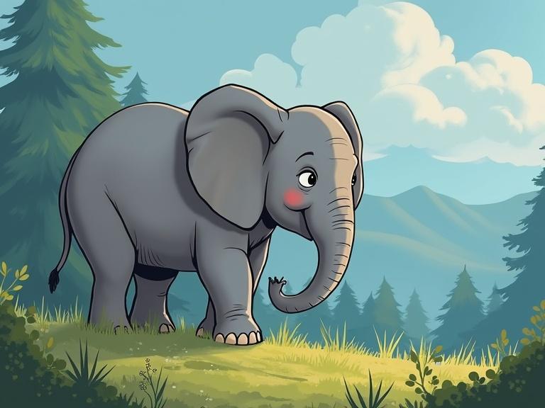 A cartoon elephant standing on green grass with cartoon-like trees in the background and a bright sky coverage. The elephant looks down at the ground with a gentle expression.