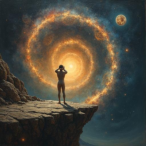 A surreal painting depicts a small naked figure on the edge of a crumbling platform in space. The Cosmic Calendar spirals infinitely with galaxies and historical symbols. The figure looks overwhelmed. It represents the brevity of human existence. The dark void is filled with stars, and melting clocks symbolize time distortion. A ghostly figure conveys Knowledge. The style is painterly with dramatic chiaroscuro.