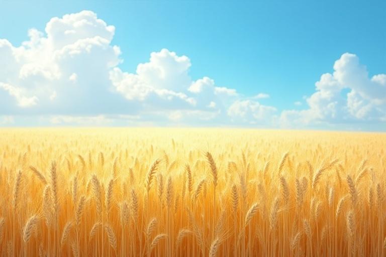 The scene displays a golden wheat field illuminated by bright sunlight under a clear blue sky filled with soft, fluffy clouds. The field stretches into the horizon, creating a serene and picturesque landscape.