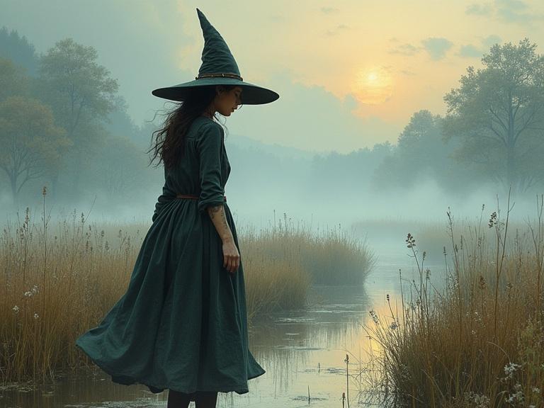 A side view of a female witch walking cautiously through a marsh in the morning. Morning mist surrounds the scene. She wears a pointy hat and a long dress. The background features detailed trees and a soft sunrise. The atmosphere is fairytale-like and realistic.