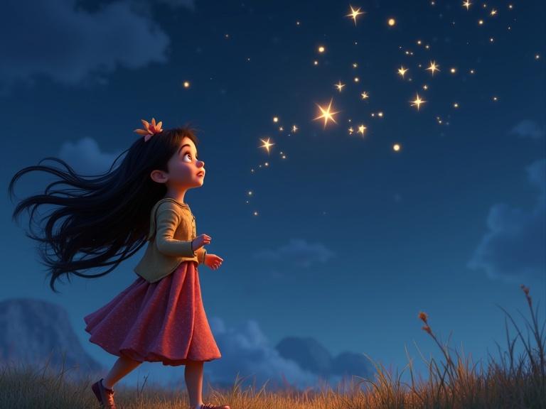 3D digital illustration of a girl walking under a starry night sky. She reaches out to catch the falling stars. The scene is enchanted and whimsical. The artistic style is similar to Disney. Features expressive eyes and playful demeanor. Uses a textured star effect. Created with octane render.