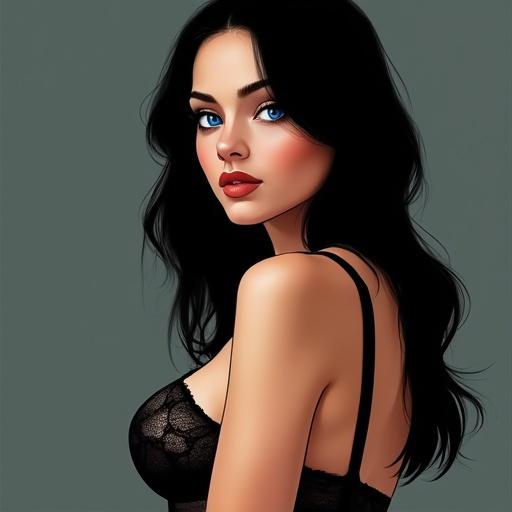 Create a woman with black hair and blue eyes in lingerie.
