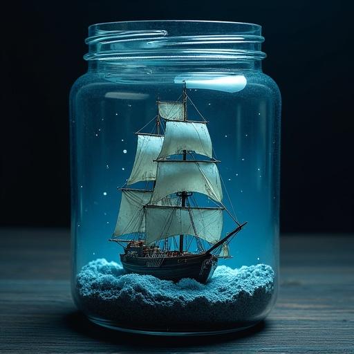 Ship contained inside a glass jar. Highly realistic and hyper detailed. Dramatic lighting creates depth with blue and black tones. Balanced artistic style enhances visual appeal.
