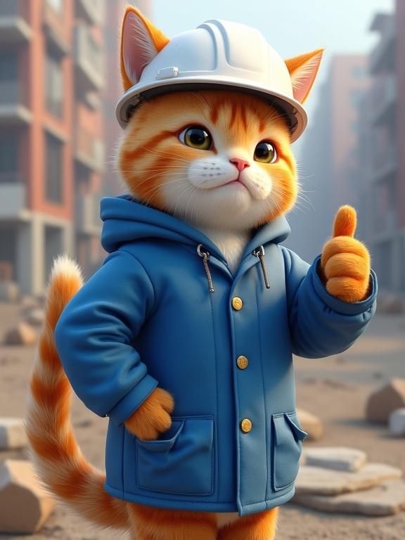 Realistic cat wearing a white helmet and blue work jacket. Cat stands on a construction site and gives a thumbs up. Genba Neko style is used.