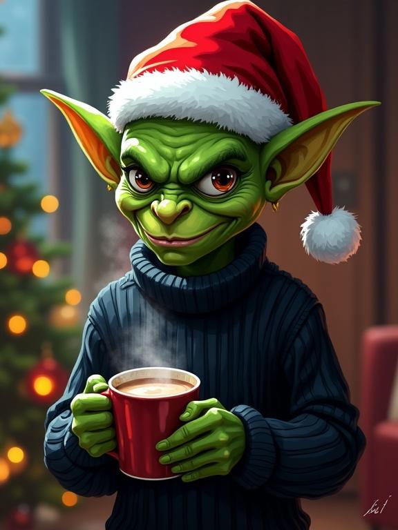 Stylized realism comic book art. Green-skinned goblin in red Santa hat. Black ribbed sweater. Dimly lit room with warm bokeh lights. Sly and mischievous expression. Pointed ears with yellow studs. Holding steaming mug of hot cocoa.