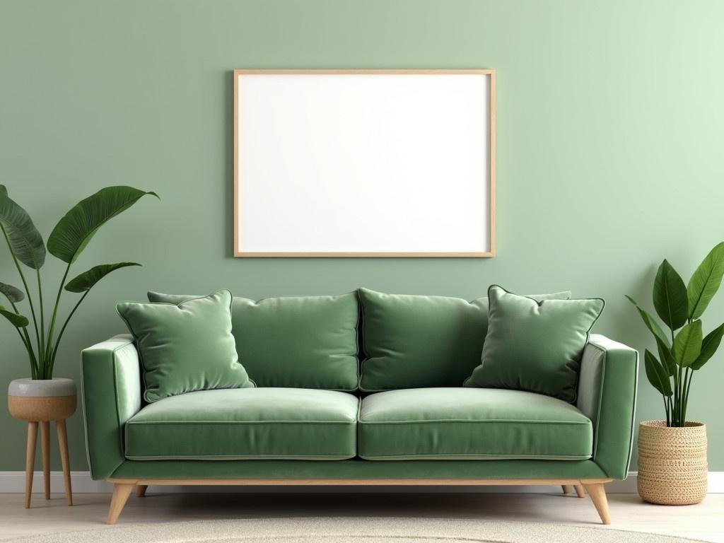 This image features a modern and cozy living room setup. A plush green velvet sofa is placed against a soft green wall, creating a serene atmosphere. On one side of the sofa, there is a leafy plant in a natural woven pot, adding a touch of nature to the space. Above the sofa, a simple wooden frame holds a blank white canvas, inviting personalization. The overall design combines contemporary elements with comfortable seating for a warm and inviting feel.